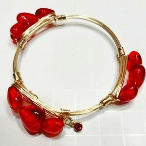 Red Glass Heart Wire Wrapped Bangle Bracelet